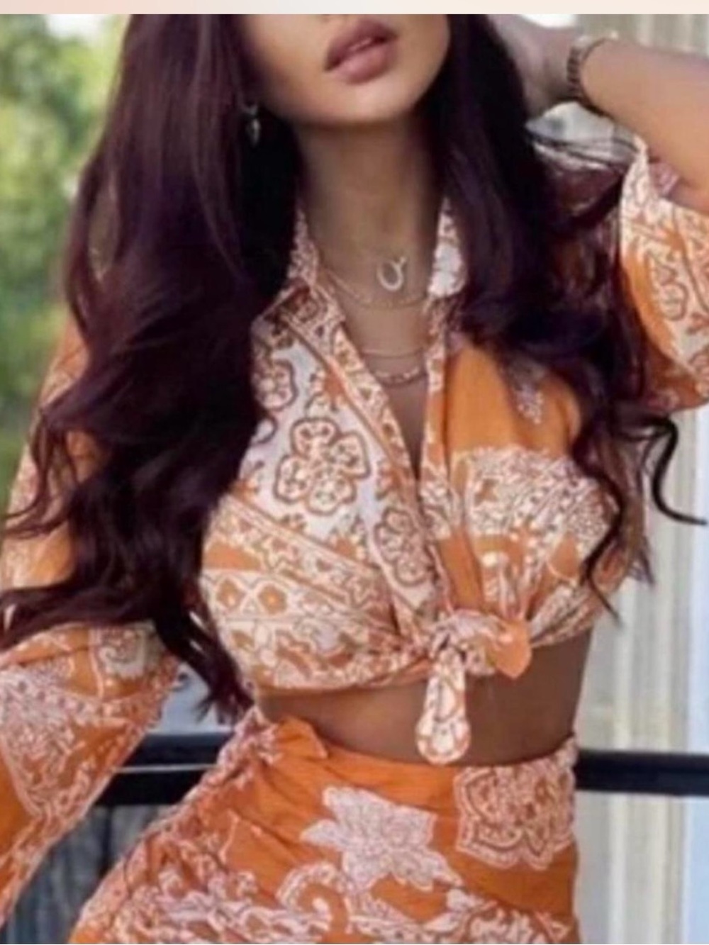 Zara Orange Paisley Tie-Front Button Down Shirt and skirt
